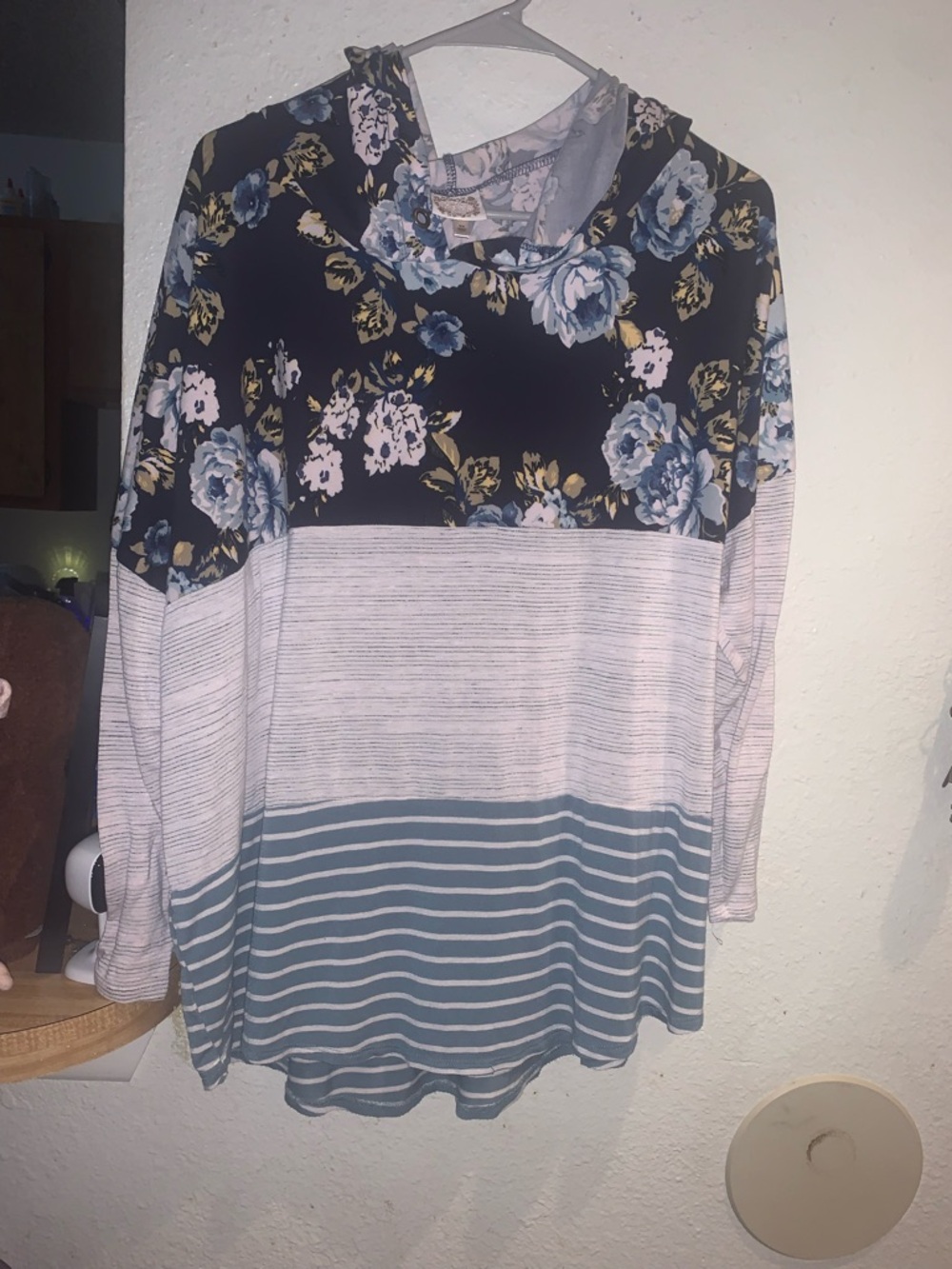 Women's Floral & Stripe Hooded Pullover - Navy Blue